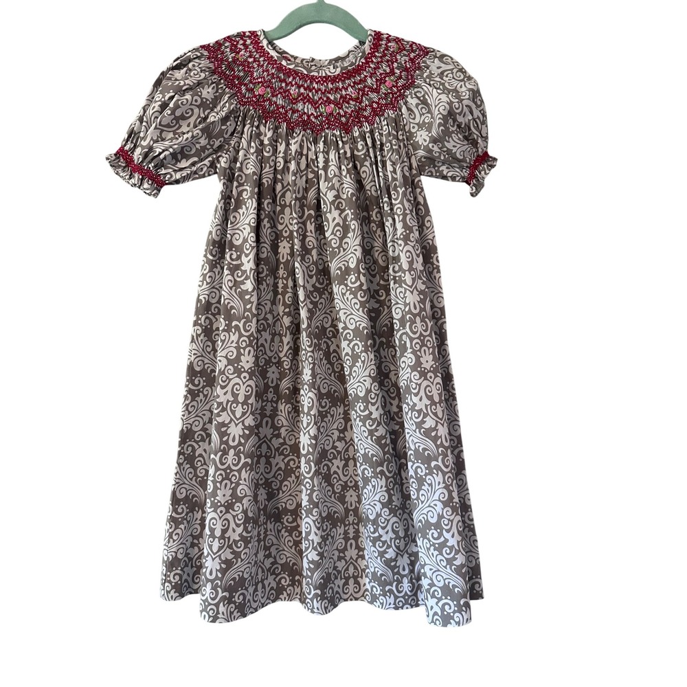 Mom &‎ Me Smocked Dress Girls 3T Gray White Damask Floral Print Puff Sleeve NWT